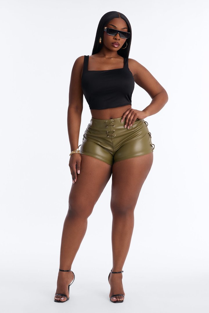 After Hours Lace Up Faux Leather Micro Short - Olive