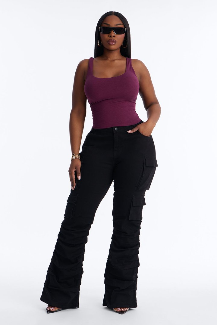 Eliza Low Rise Flare Cargo Stacked Pant 33″ - Black
