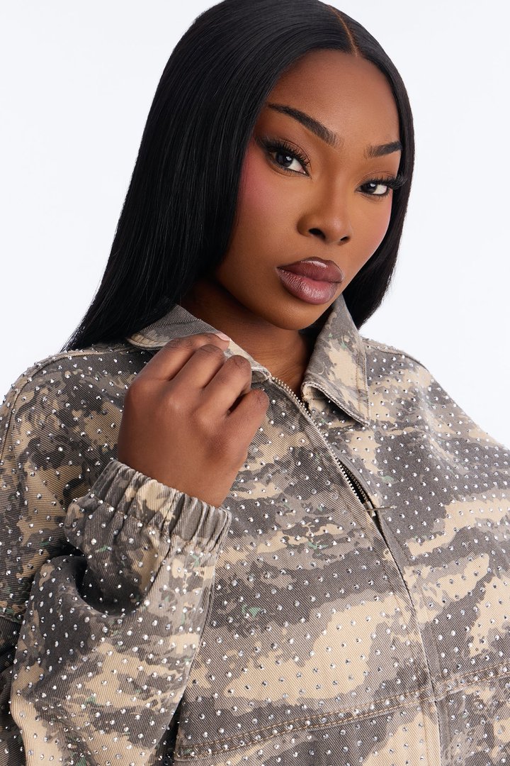 Look Don't Talk Embellished Bomber Jacket - Camouflage