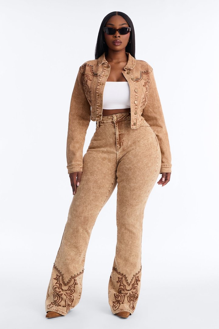 Letting It Ride Embellished Stretch Denim Jacket - Brown