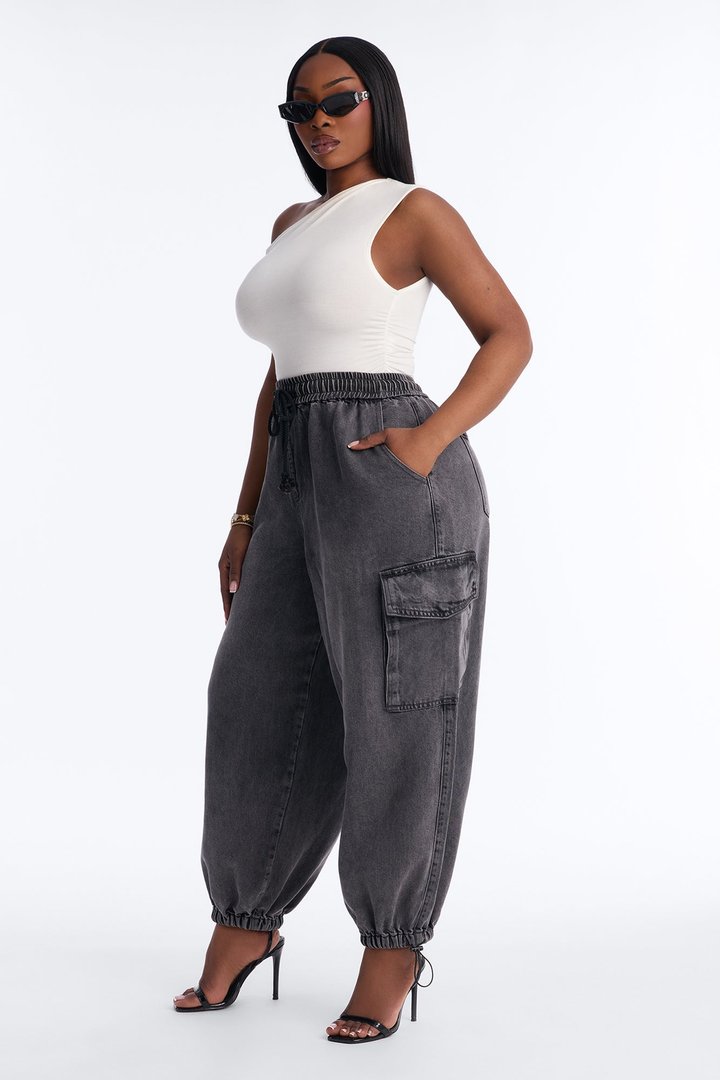 Montserrat Baggy Drapey Denim Cargo JoggerJeans - Dark Grey