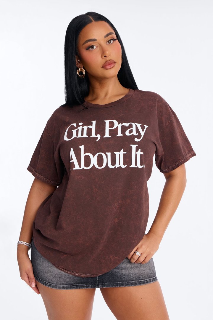 Girl Pray About It Washed Tshirt - Brown