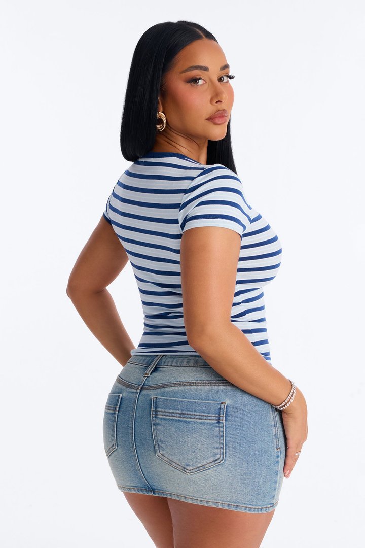 Taylor Striped Crew Neck Short Sleeve Top - Navy/combo