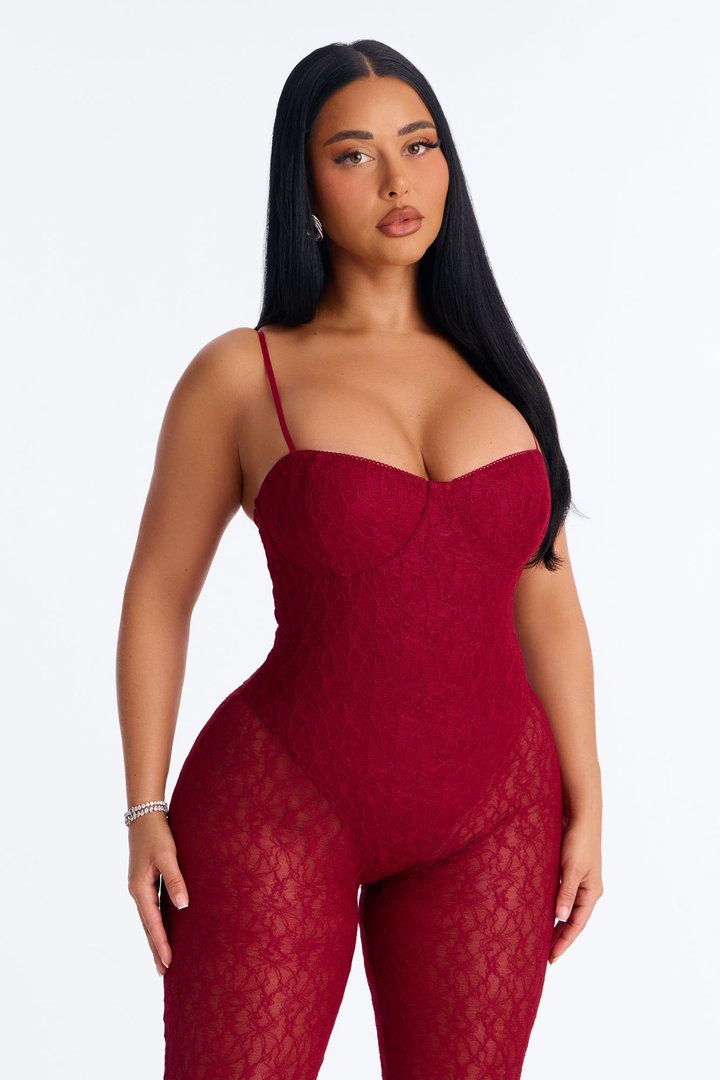 Give Me A Sign Lace Jumpsuit - Wine