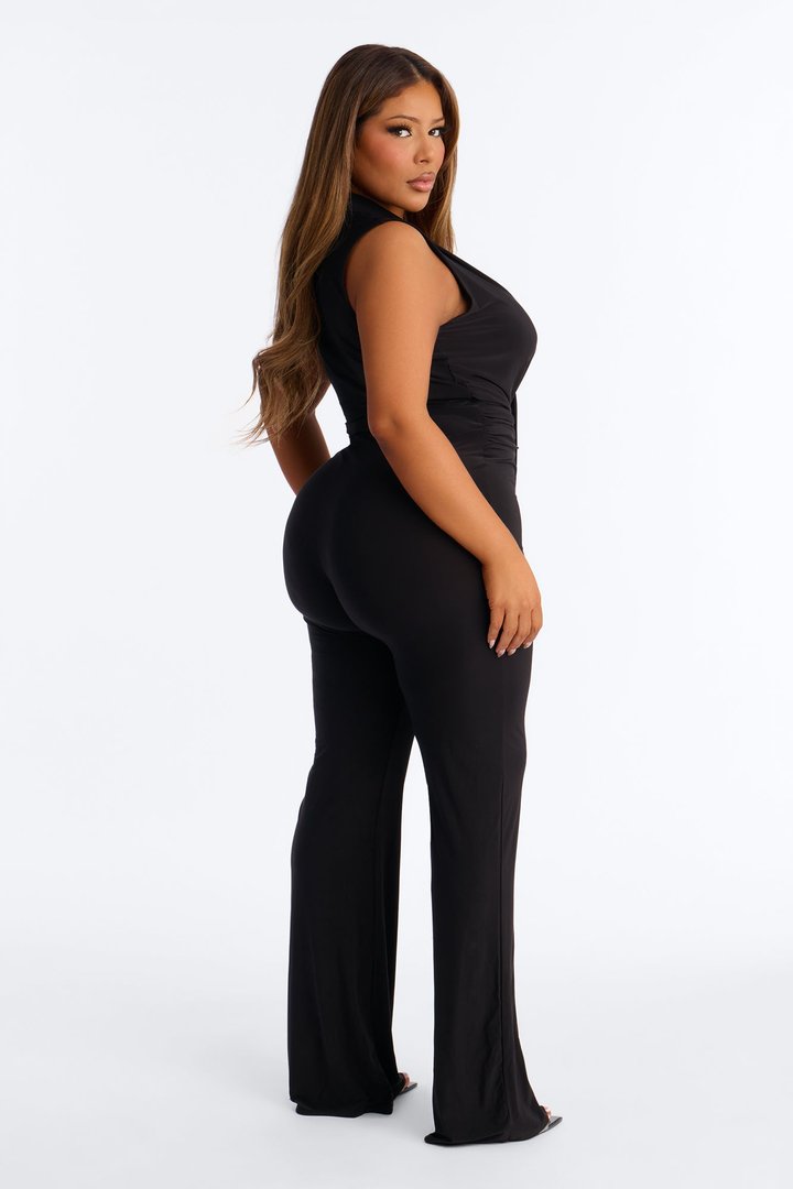 Sorai Ruched Plunge Neck Jumpsuit - Black