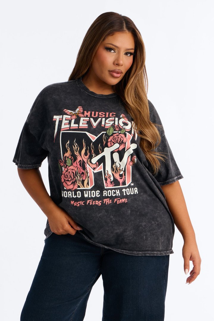 MTV Flames And Flowers Washed Tee - Black Wash