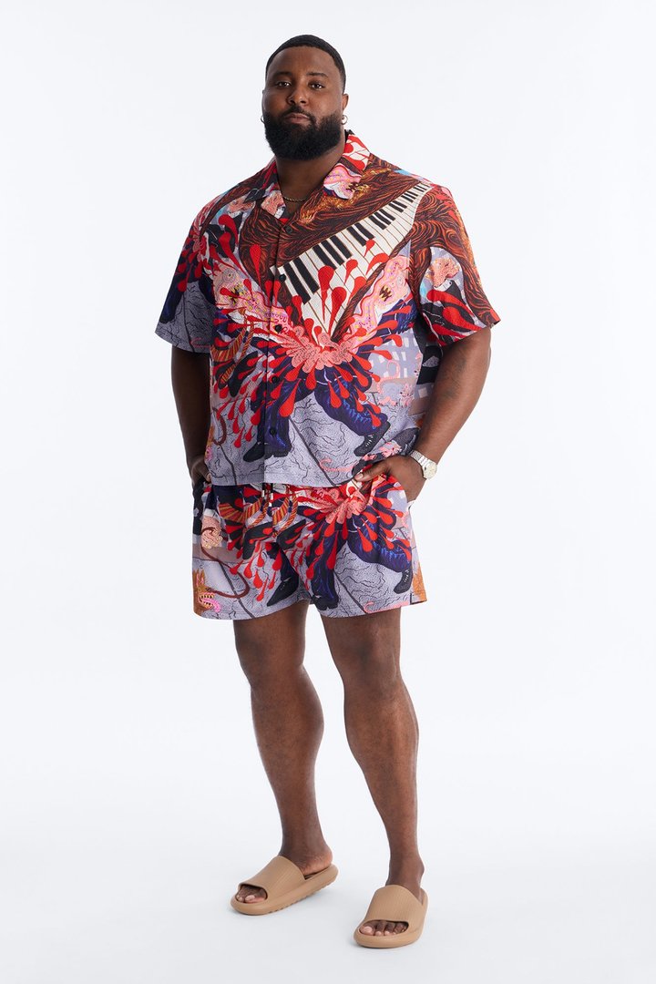 Relaxed Jazz Engine Seersucker Cuban Button Up Shirt - Multi Color