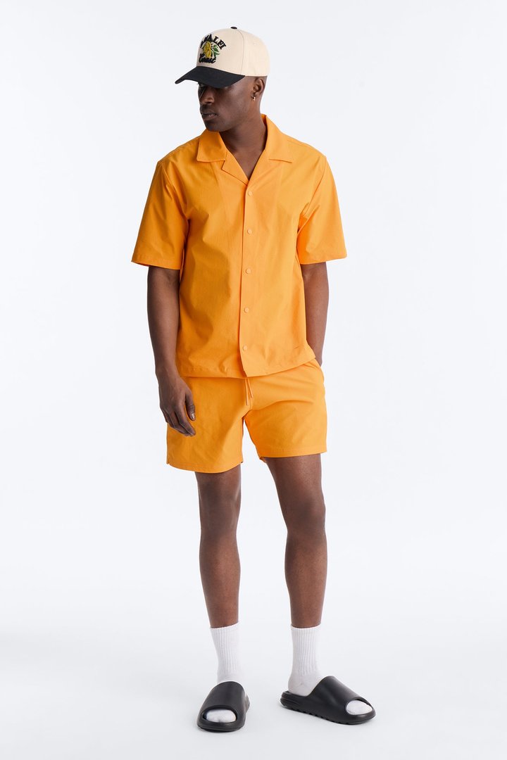 Seersucker Short Sleeve Cuban Collar Shirt - Orange
