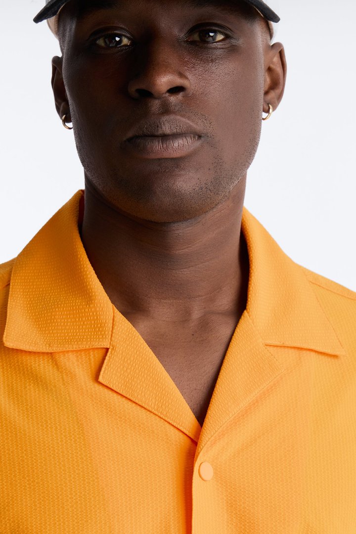 Seersucker Short Sleeve Cuban Collar Shirt - Orange