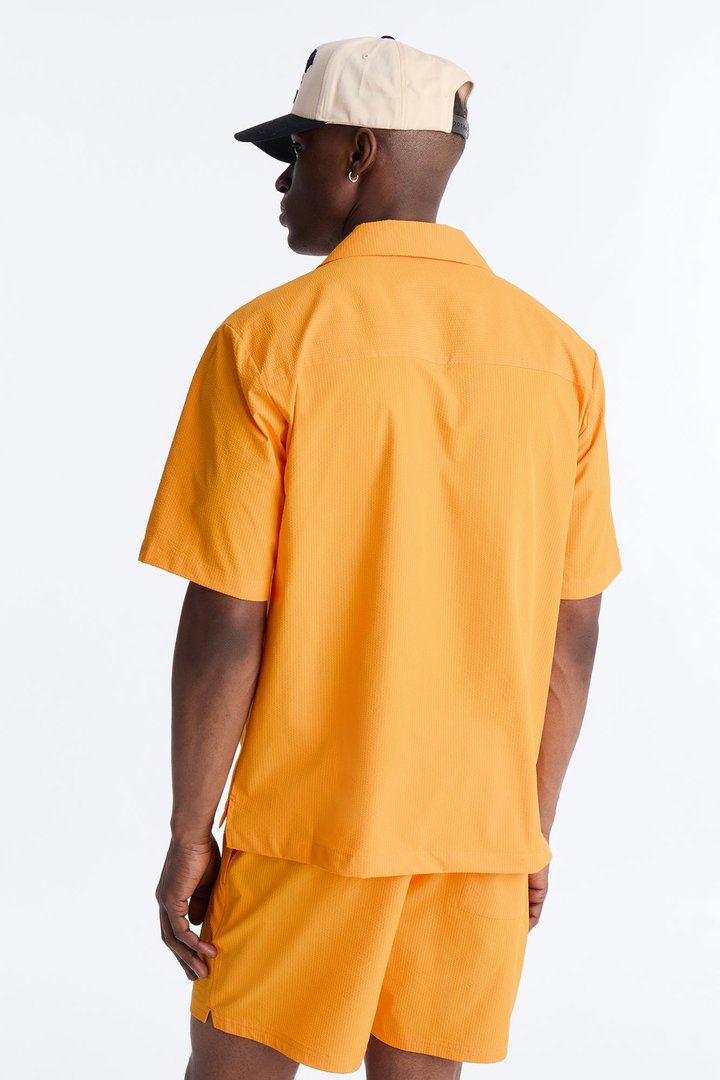 Seersucker Short Sleeve Cuban Collar Shirt - Orange