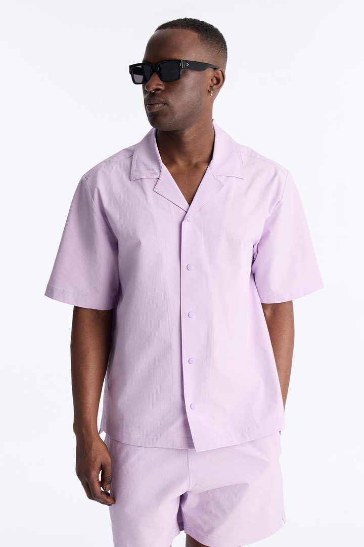 Seersucker Short Sleeve Cuban Collar Shirt - Lavender