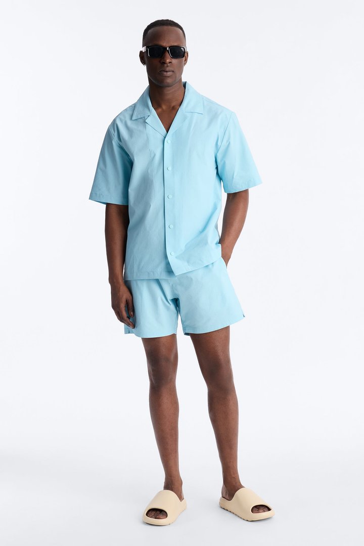 Seersucker Short Sleeve Cuban Collar Shirt - Light Blue