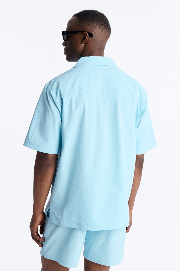 Seersucker Short Sleeve Cuban Collar Shirt - Light Blue