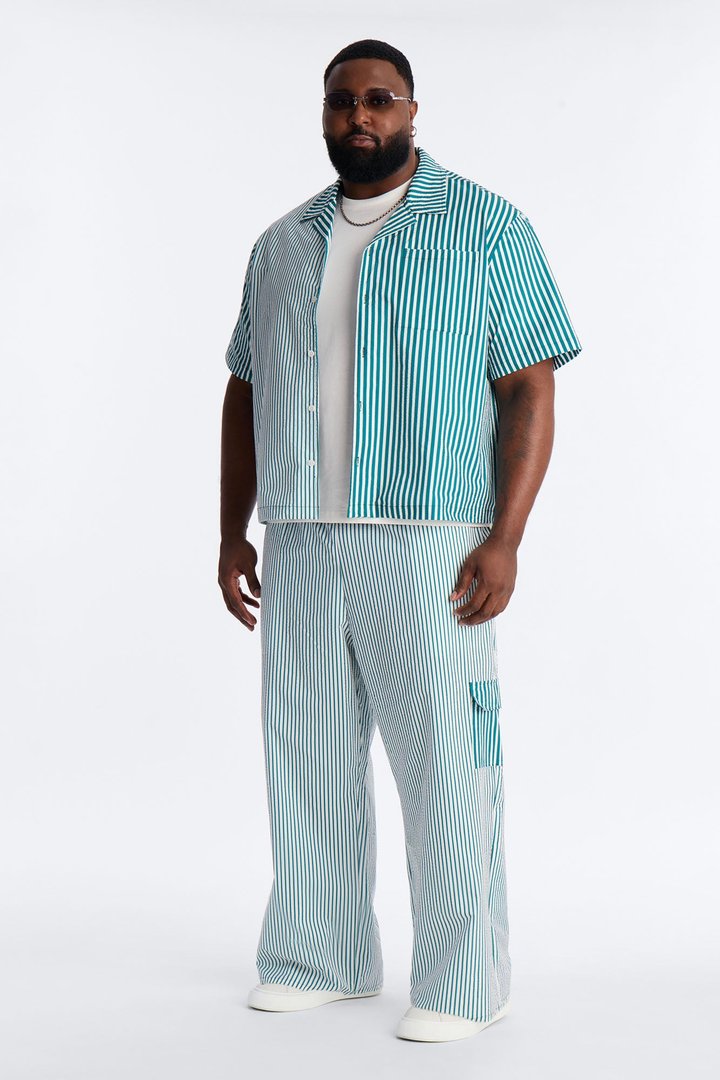 Passion Stripe Seersucker Cuban Button Up Shirt - Green