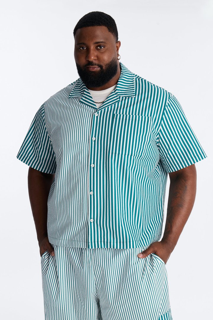 Passion Stripe Seersucker Cuban Button Up Shirt - Green