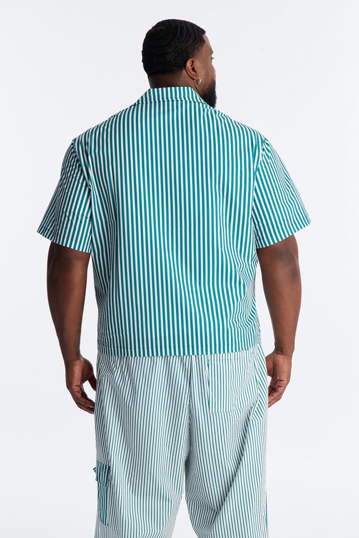 Passion Stripe Seersucker Cuban Button Up Shirt - Green