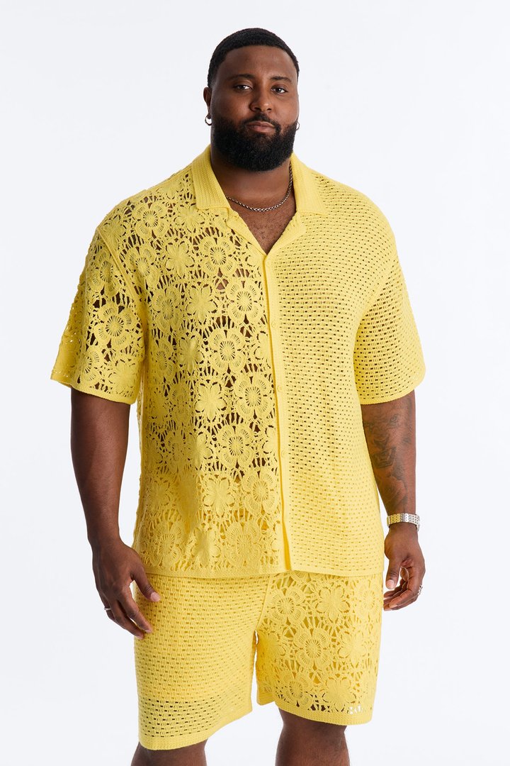 Relaxed Kyros Crochet Button Up Shirt - Yellow