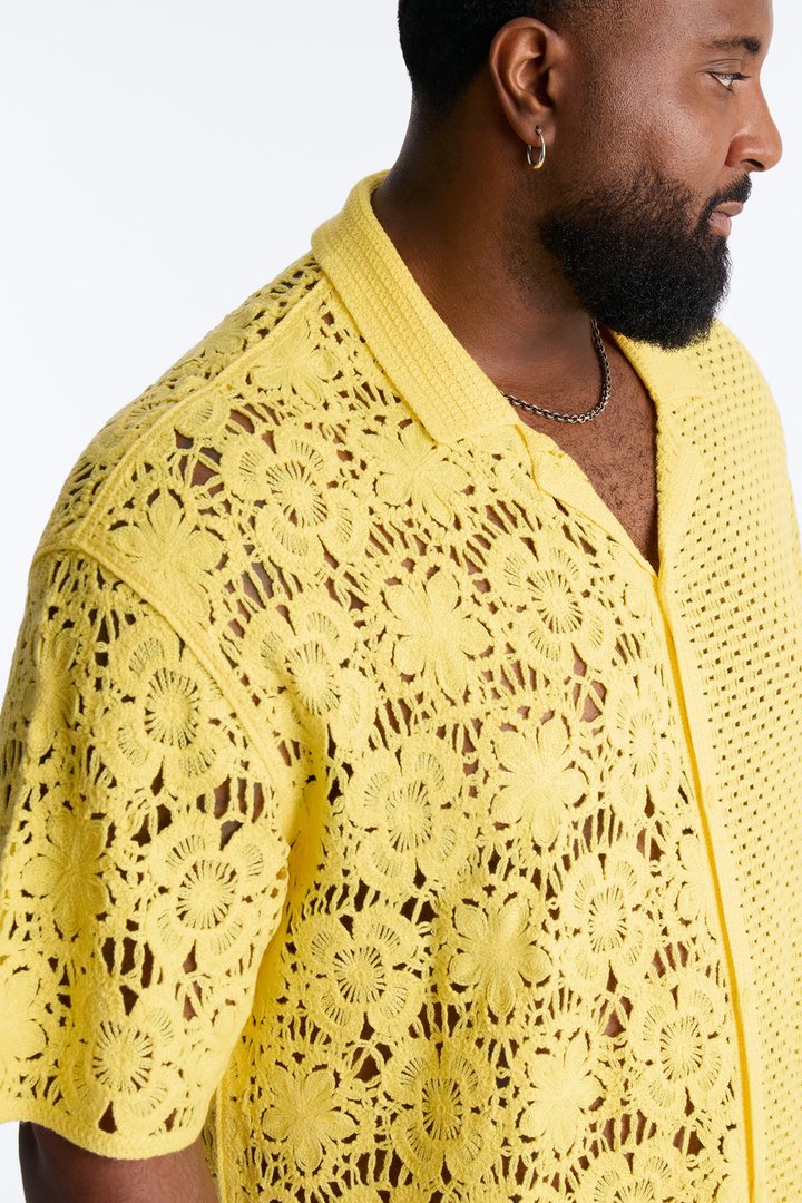 Relaxed Kyros Crochet Button Up Shirt - Yellow
