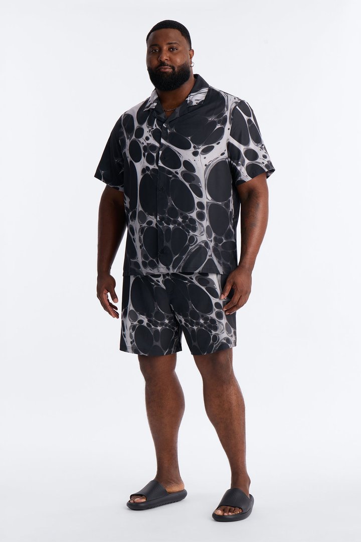 Aqua Drip Cuban Collar Button Up Shirt - Black