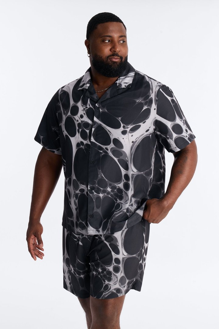 Aqua Drip Cuban Collar Button Up Shirt - Black
