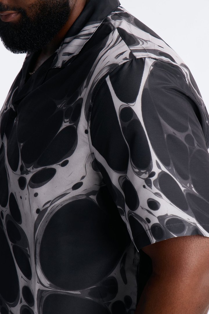 Aqua Drip Cuban Collar Button Up Shirt - Black