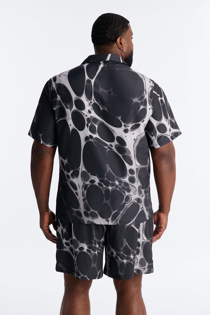 Aqua Drip Cuban Collar Button Up Shirt - Black