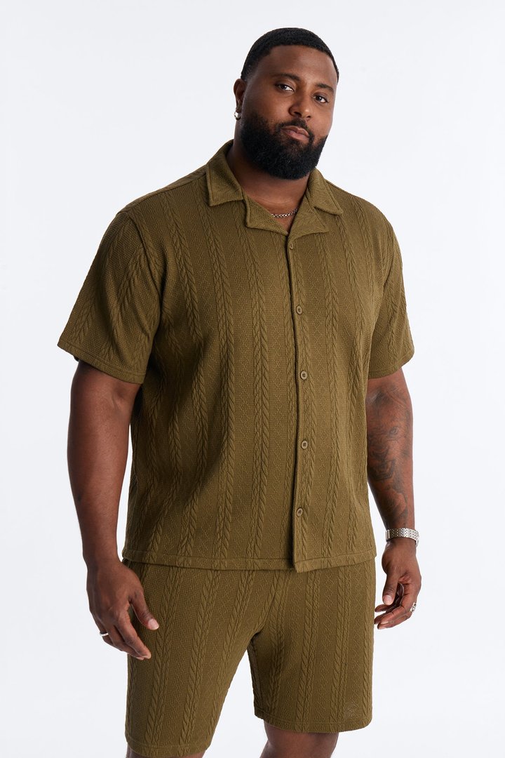 Textured Stripes Cuban Short Sleeve Button Up Shirt - Olive