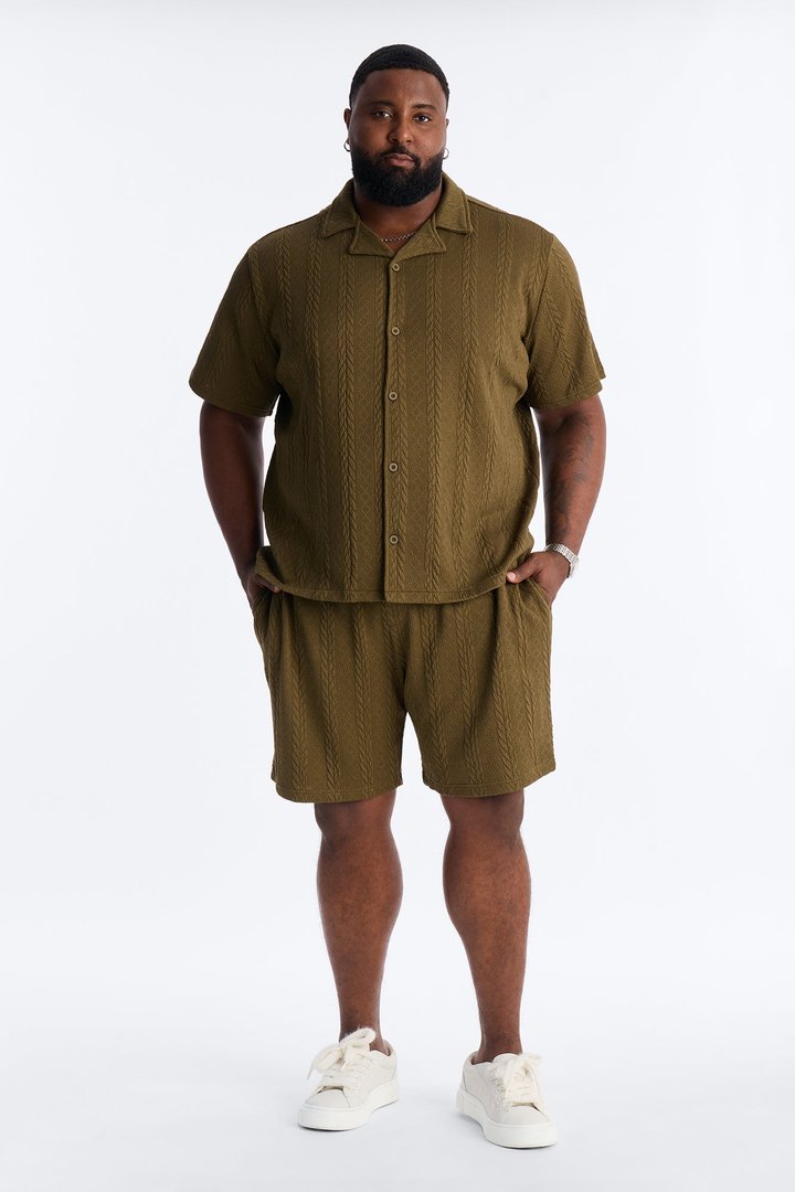 Textured Stripes Cuban Short Sleeve Button Up Shirt - Olive