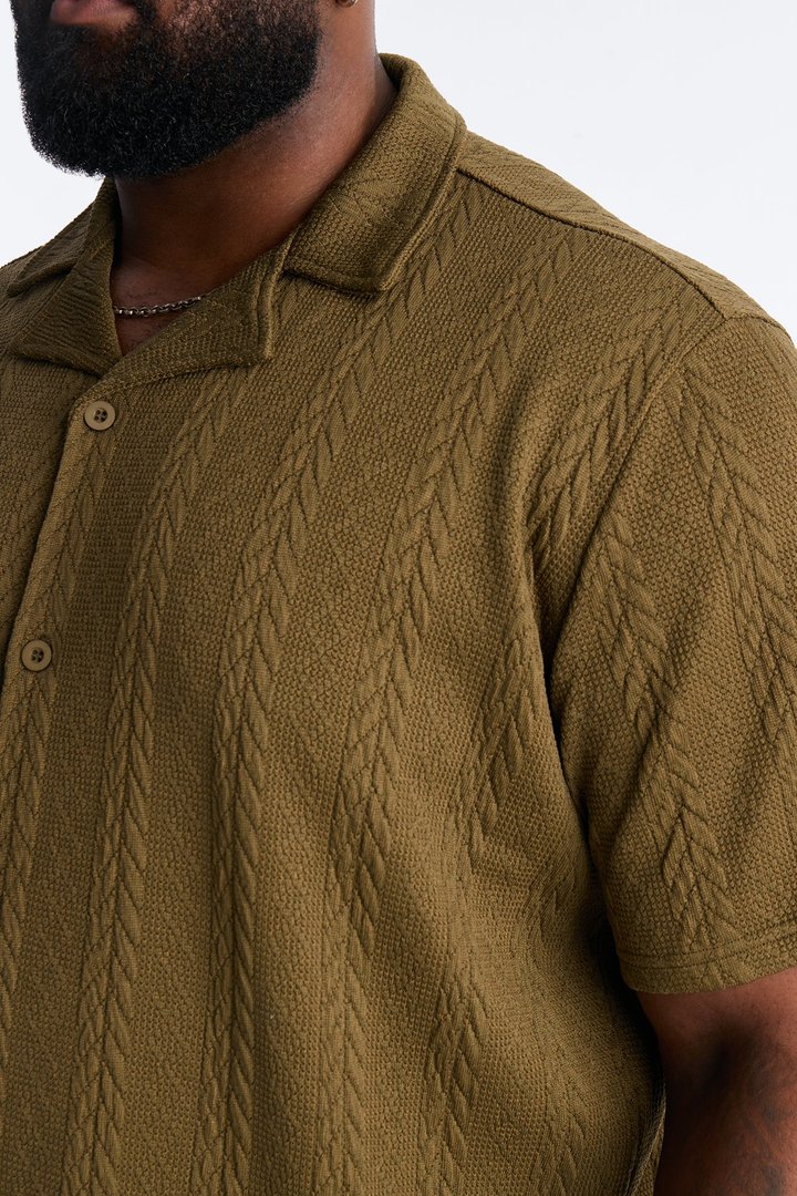 Textured Stripes Cuban Short Sleeve Button Up Shirt - Olive