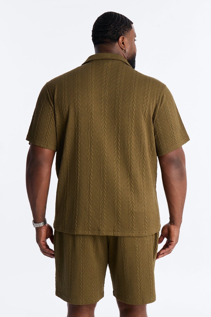Textured Stripes Cuban Short Sleeve Button Up Shirt - Olive