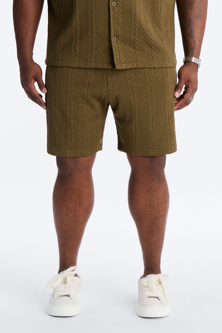 Textured Stripes Relaxed Drawstring Shorts - Olive
