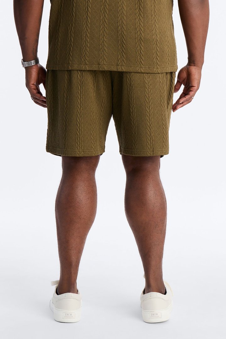 Textured Stripes Relaxed Drawstring Shorts - Olive