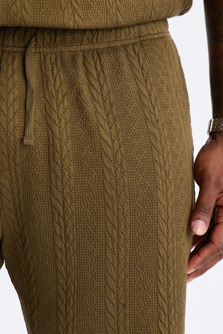 Textured Stripes Relaxed Drawstring Shorts - Olive