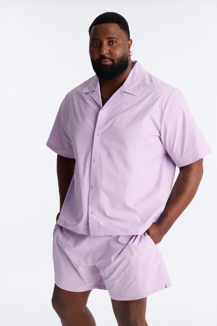 Seersucker Short Sleeve Cuban Collar Shirt - Lavender