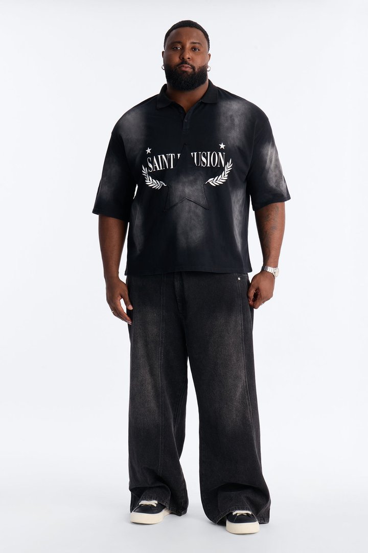 Stars And Saints illusion Short Sleeve Knit Polo - Black