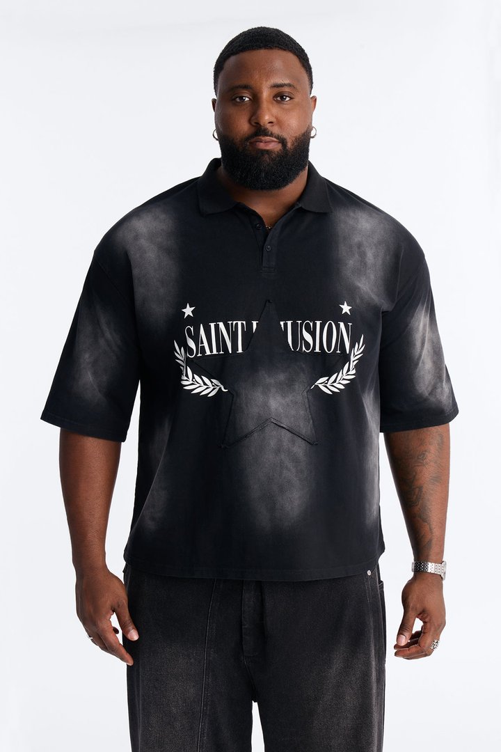 Stars And Saints illusion Short Sleeve Knit Polo - Black
