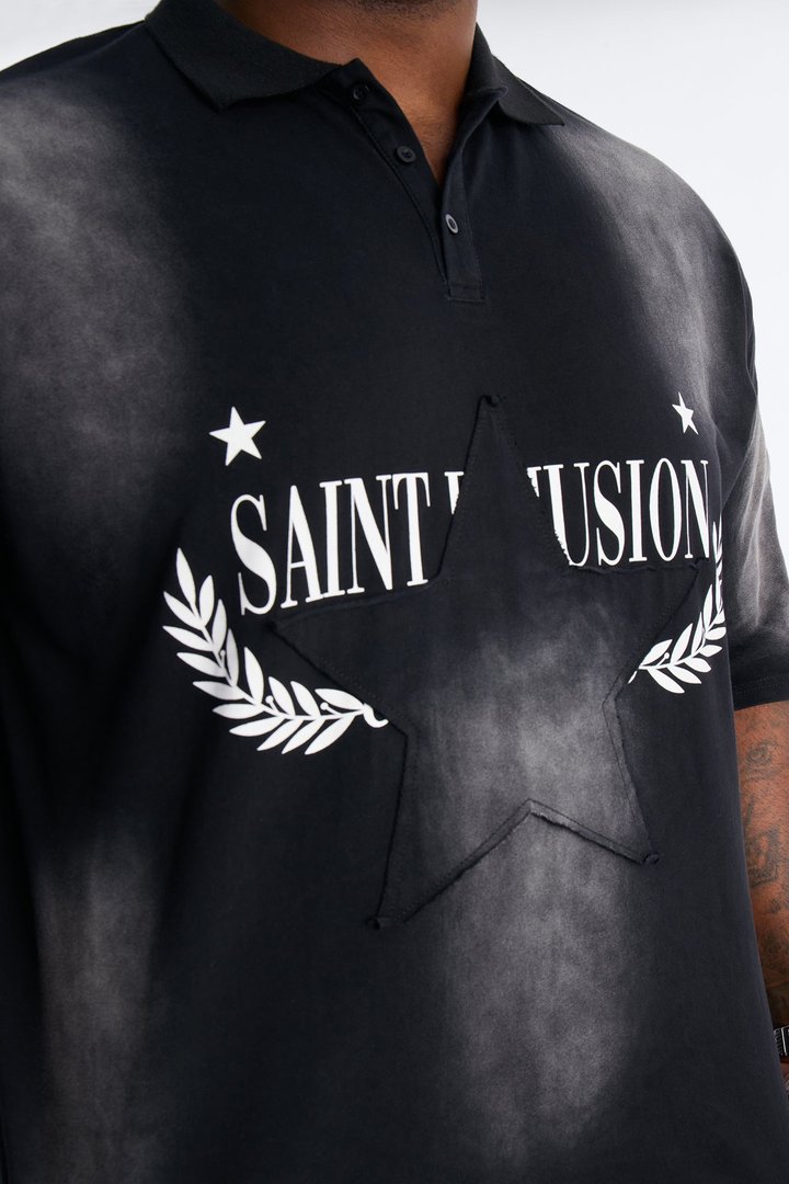 Stars And Saints illusion Short Sleeve Knit Polo - Black