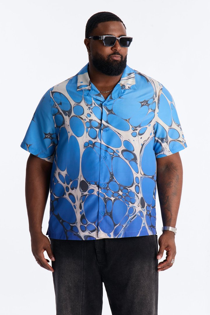 Aqua Drip Cuban Collar Button Up Shirt - Blue