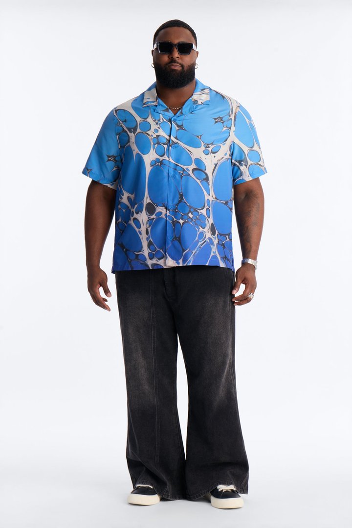 Aqua Drip Cuban Collar Button Up Shirt - Blue