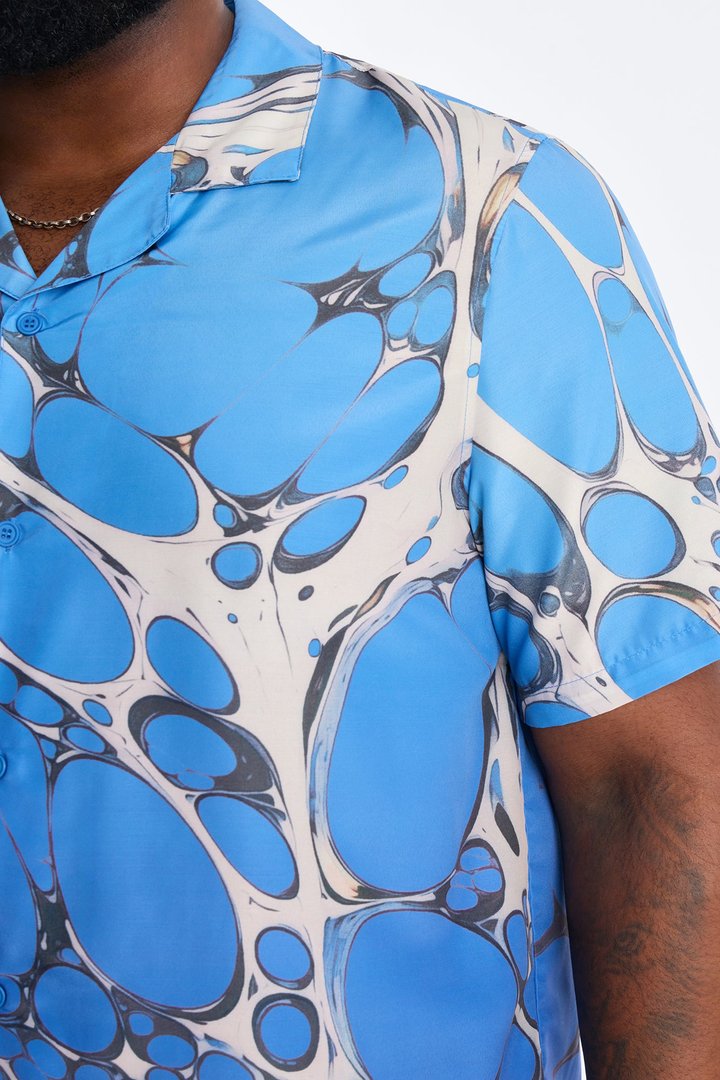 Aqua Drip Cuban Collar Button Up Shirt - Blue