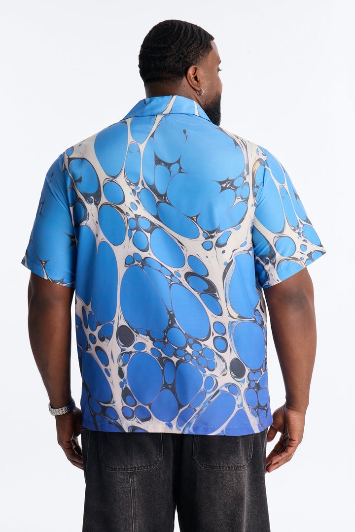 Aqua Drip Cuban Collar Button Up Shirt - Blue