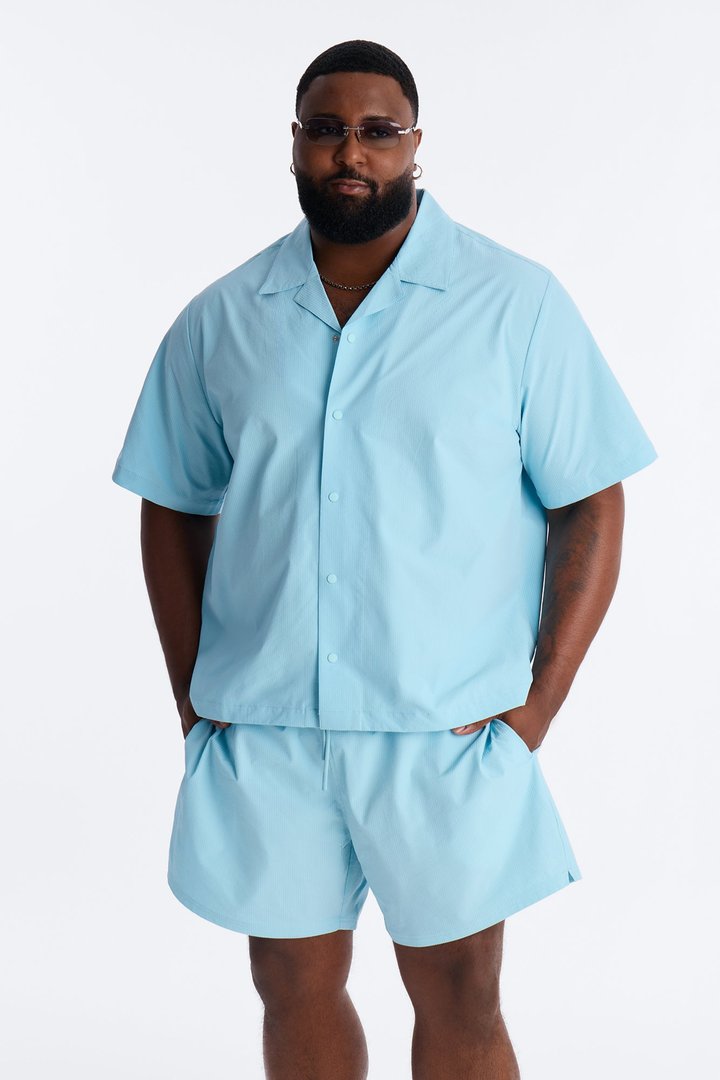 Seersucker Short Sleeve Cuban Collar Shirt - Light Blue