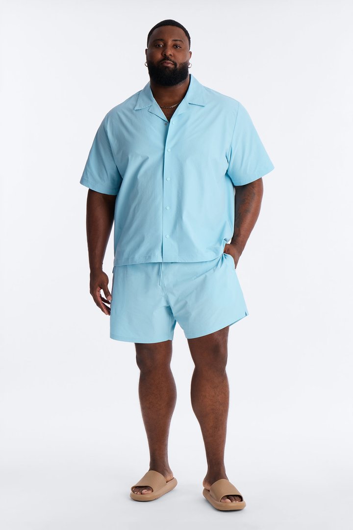 Seersucker Short Sleeve Cuban Collar Shirt - Light Blue
