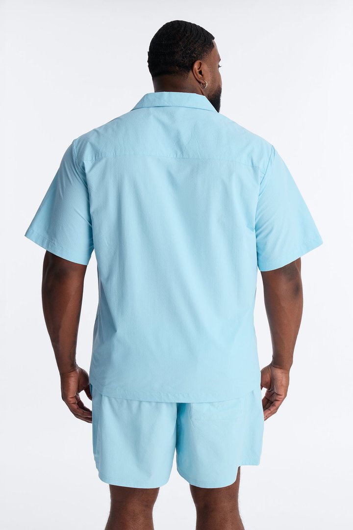Seersucker Short Sleeve Cuban Collar Shirt - Light Blue