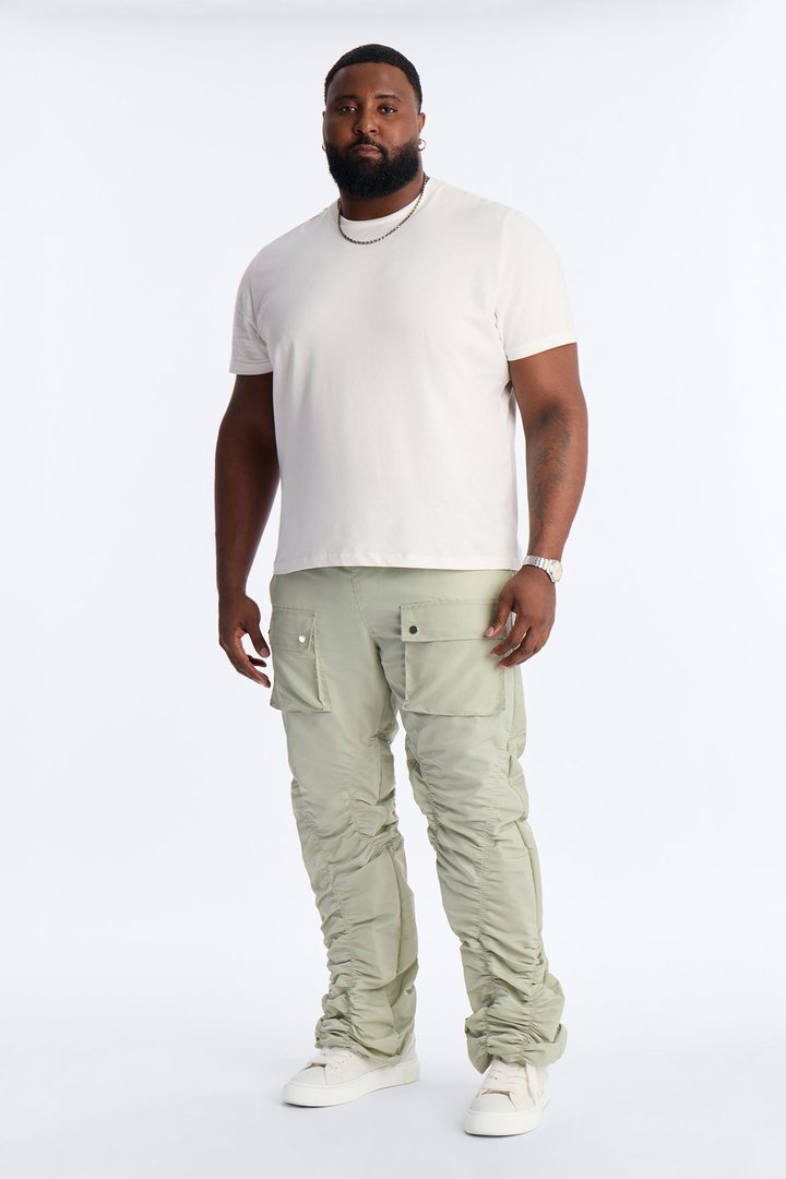 Scrunched Flared Nylon Cargo Pants - Sage