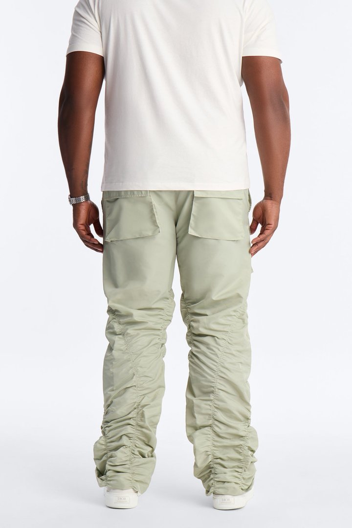 Scrunched Flared Nylon Cargo Pants - Sage