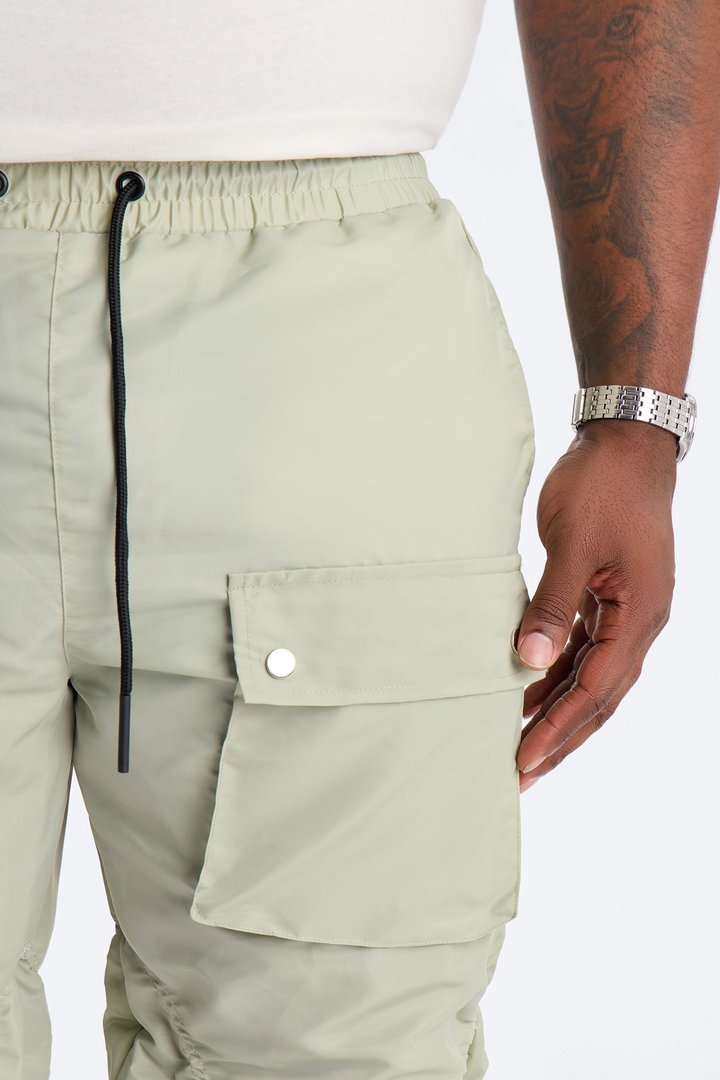 Scrunched Flared Nylon Cargo Pants - Sage