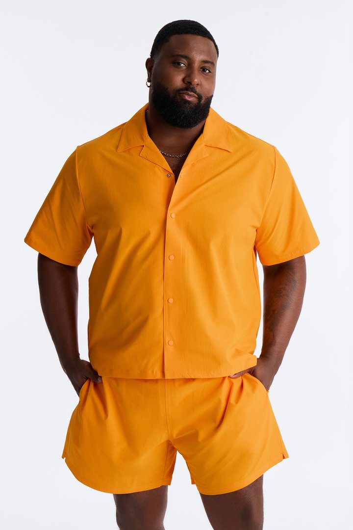 Seersucker Short Sleeve Cuban Collar Shirt - Orange