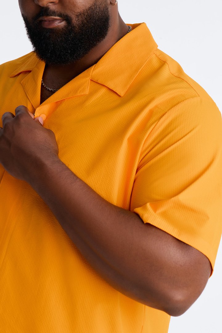 Seersucker Short Sleeve Cuban Collar Shirt - Orange