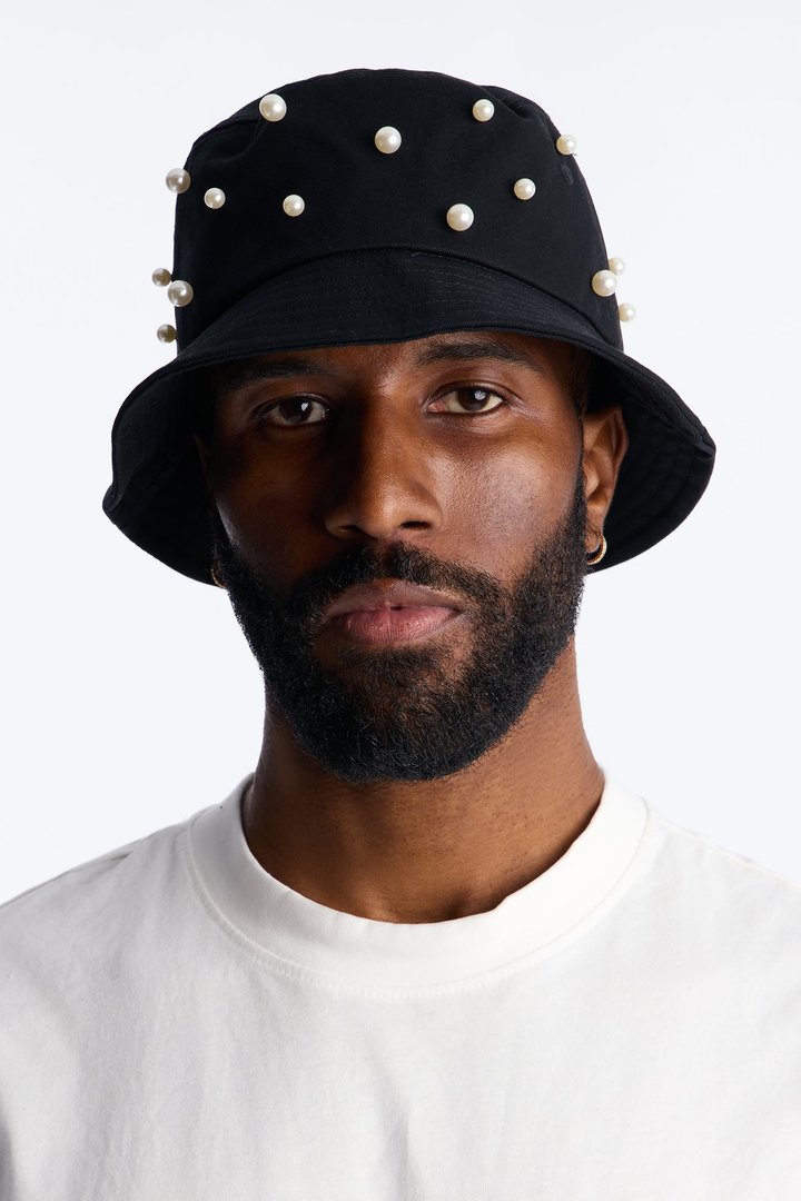 Pearl Embellished Cotton Bucket Hat - Black